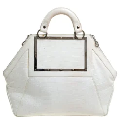 Versace White Croc Embossed Leather Hit Satchel For Women -Versace Official Website luxury women versace used handbags p361606 006