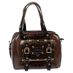 Versace Brown/Black Croc Embossed Patent Leather Satchel For Women