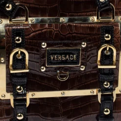 Versace Brown/Black Croc Embossed Patent Leather Satchel For Women -Versace Official Website luxury women versace used handbags p362144 007