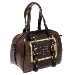 Versace Brown/Black Croc Embossed Patent Leather Satchel For Women -Versace Official Website luxury women versace used handbags p362144 008