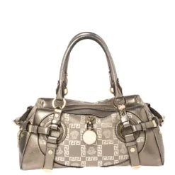 Versace Metallic Grey Jacquard Fabric And Leather Medusa Bag For Women
