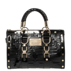 Versace Black Quilted Patent Leather Snap Out Of It Satchel For Women