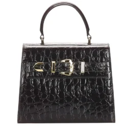 Versace Black Croc Embossed Leather Satchel Bag For Women