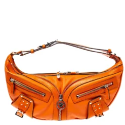 Versace Orange Leather Double Pocket Zip Hobo For Women