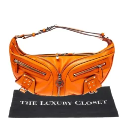 Versace Orange Leather Double Pocket Zip Hobo For Women -Versace Official Website luxury women versace used handbags p366858 1607944128 013
