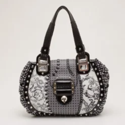 Versace Black And White Multi Print Leather Tote For Women