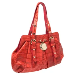 Versace Red Croc Embossed Leather Satchel For Women -Versace Official Website luxury women versace used handbags p373269 004