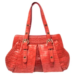 Versace Red Croc Embossed Leather Satchel For Women -Versace Official Website luxury women versace used handbags p373269 005