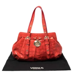 Versace Red Croc Embossed Leather Satchel For Women -Versace Official Website luxury women versace used handbags p373269 006