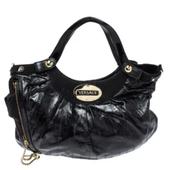 Versace Black Eel Skin, Suede And Patent Leather Satchel For Women