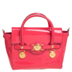 Versace Neon Pink Patent Leather Medusa Medallion Tote For Women