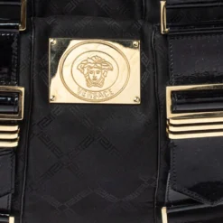 Versace Black Fabric And Patent Leather Medusa Logo Tote For Women -Versace Official Website luxury women versace used handbags p375035 010