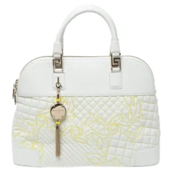 Versace White Barocco Quilted Leather Athena Vanitas Satchel For Women