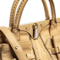 Versace Beige Leather Studded Frame Satchel For Women -Versace Official Website luxury women versace used handbags p377251 004