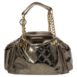 Versace Metallic Olive Green Signature Patent And Leather Chain Detail Satchel For Women