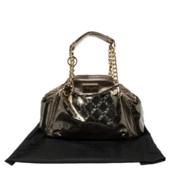 Versace Metallic Olive Green Signature Patent And Leather Chain Detail Satchel For Women -Versace Official Website luxury women versace used handbags p382010 007