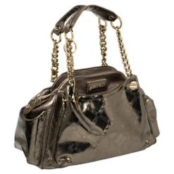 Versace Metallic Olive Green Signature Patent And Leather Chain Detail Satchel For Women -Versace Official Website luxury women versace used handbags p382010 009