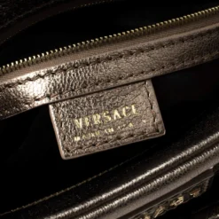 Versace Metallic Olive Green Signature Patent And Leather Chain Detail Satchel For Women -Versace Official Website luxury women versace used handbags p382010 011