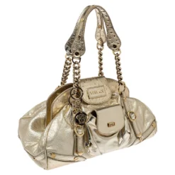 Versace Gold Patent And Ostrich Embossed Leather Chain Link Satchel For Women -Versace Official Website luxury women versace used handbags p383927 004