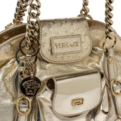 Versace Gold Patent And Ostrich Embossed Leather Chain Link Satchel For Women -Versace Official Website luxury women versace used handbags p383927 005
