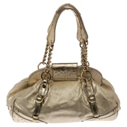 Versace Gold Patent And Ostrich Embossed Leather Chain Link Satchel For Women -Versace Official Website luxury women versace used handbags p383927 006