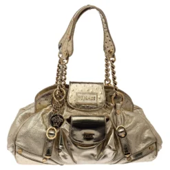 Versace Gold Patent And Ostrich Embossed Leather Chain Link Satchel For Women