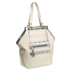 Versace Offf White/Silver Patent And Leather Hit Satchel For Women -Versace Official Website luxury women versace used handbags p386690 010