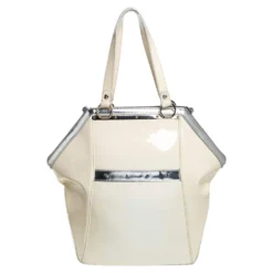 Versace Offf White/Silver Patent And Leather Hit Satchel For Women -Versace Official Website luxury women versace used handbags p386690 011
