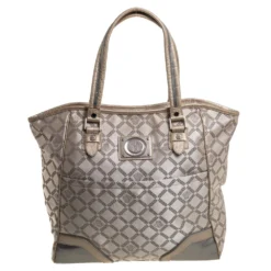 Versace Beige Monogram Fabric And Croc Embossed Leather Tote For Women