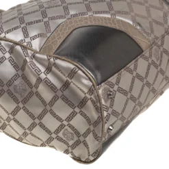 Versace Beige Monogram Fabric And Croc Embossed Leather Tote For Women -Versace Official Website luxury women versace used handbags p390707 009
