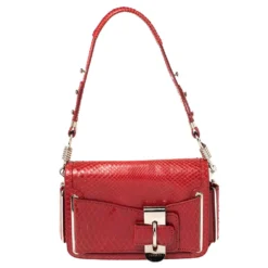 Versace Red Python And Suede Flap Shoulder Bag For Women