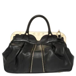 Versace Black Leather Studded Reve Frame Satchel For Women -Versace Official Website luxury women versace used handbags p392525 009