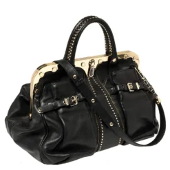 Versace Black Leather Studded Reve Frame Satchel For Women -Versace Official Website luxury women versace used handbags p392525 010