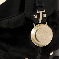 Versace Black Fur And Leather Studded Satchel For Women -Versace Official Website luxury women versace used handbags p392618 002