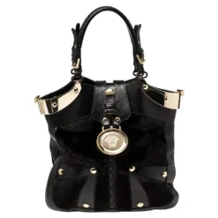 Versace Black Fur And Leather Studded Satchel For Women