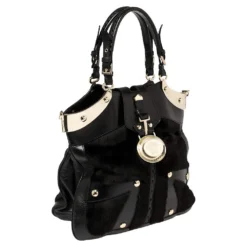 Versace Black Fur And Leather Studded Satchel For Women -Versace Official Website luxury women versace used handbags p392618 010