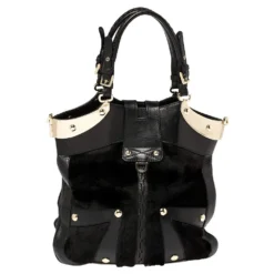 Versace Black Fur And Leather Studded Satchel For Women -Versace Official Website luxury women versace used handbags p392618 012