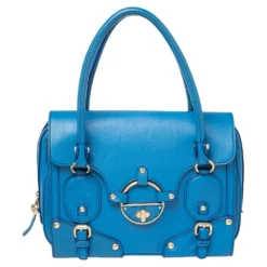 Versace Blue Leather Buckle Embellished Satchel For Women