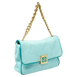 Versace Turquoise Quilted Leather Vanitas Chain Shoulder Bag For Women -Versace Official Website luxury women versace used handbags p394893 013