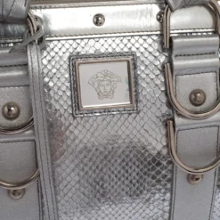 Versace Silver Snakeskin Snap Out Of It Satchel For Women -Versace Official Website luxury women versace used handbags p395057 001