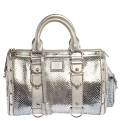 Versace Silver Snakeskin Snap Out Of It Satchel For Women