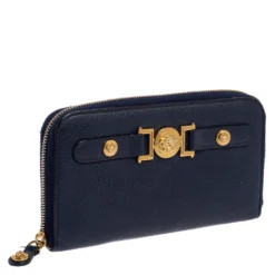 Versace Blue Leather Medusa Zip Around Wallet For Women -Versace Official Website luxury women versace used handbags p395648 007