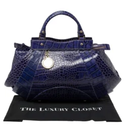 Versace Indigo Blue Croc Embossed Leather Logo Charm Satchel For Women -Versace Official Website luxury women versace used handbags p395873 003