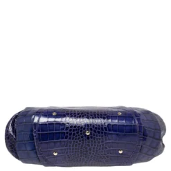 Versace Indigo Blue Croc Embossed Leather Logo Charm Satchel For Women -Versace Official Website luxury women versace used handbags p395873 005