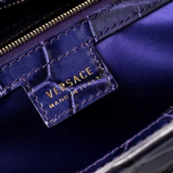 Versace Indigo Blue Croc Embossed Leather Logo Charm Satchel For Women -Versace Official Website luxury women versace used handbags p395873 009