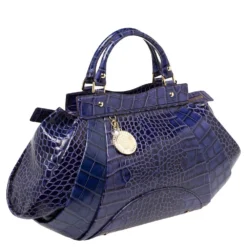 Versace Indigo Blue Croc Embossed Leather Logo Charm Satchel For Women -Versace Official Website luxury women versace used handbags p395873 011