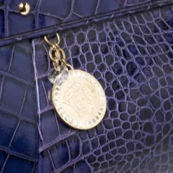 Versace Indigo Blue Croc Embossed Leather Logo Charm Satchel For Women -Versace Official Website luxury women versace used handbags p395873 012