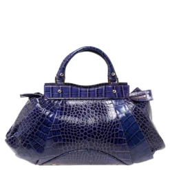 Versace Indigo Blue Croc Embossed Leather Logo Charm Satchel For Women -Versace Official Website luxury women versace used handbags p395873 013