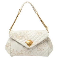 Versace White Quilted Leather Embroidered Barocco Shoulder Bag For Women
