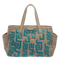 Versace Beige/Turquoise Medusa Print Coated Canvas And Patent Leather Patch Diaper Bag For Women